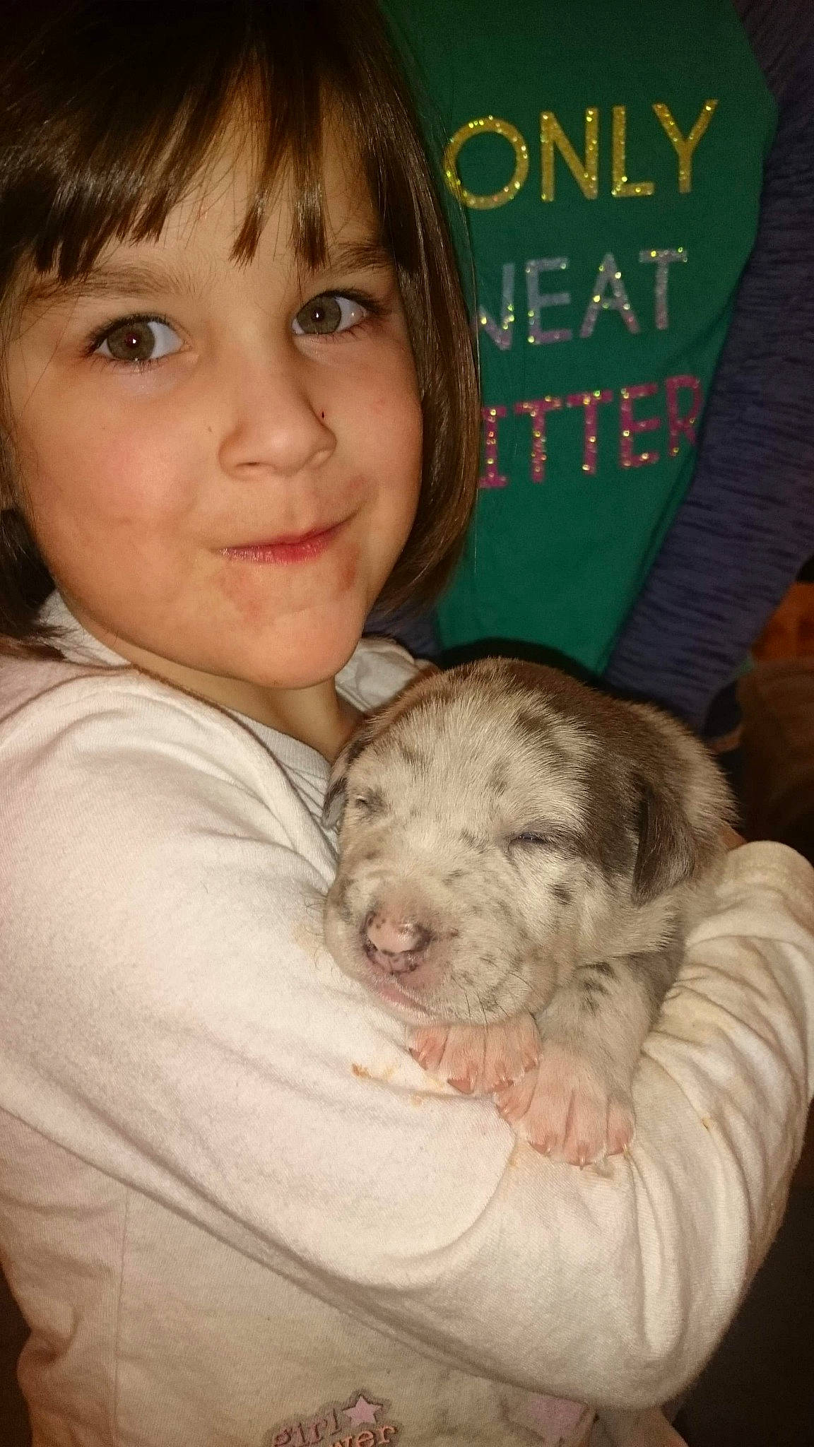 Gracelyn joined the competition — help win amazing prizes! carnivoran, child, dog, dog_breed, dog_breed_group, dog_like_mammal, eye, girl, infant, iris, nose, person, puppy, puppy_love, skin, smile, snout