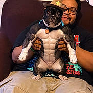 Chewy joined the competition — help win amazing prizes! beige_pants, black_tshirt, brown_skin, casual_clothing, costume, couch, cowboy_hat, decor, dog, funny, glasses, holding, indoor, man, muscular_costume, person, pet, relaxing, short_hair, smiling
