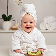 Esmè is registered to the contest to win money with this photo: baby, child, cucumber, cute, face, happy, indoor, orchid, plant, relaxation, robe, rolled_towels, sitting, skin, smiling, soft_surface, spa, towel, white, wooden_bowl