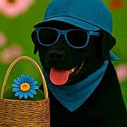 Roquette a rejoint le concours — aidez-le/la à gagner de superbes lots ! dog, black_dog, blue_cap, sunglasses, bandana, tongue_out, wicker_basket, blue_flower, green_background, pink_flowers, pet, animal, cute, portrait, summer, outdoor, happy, accessories, fashion, playful