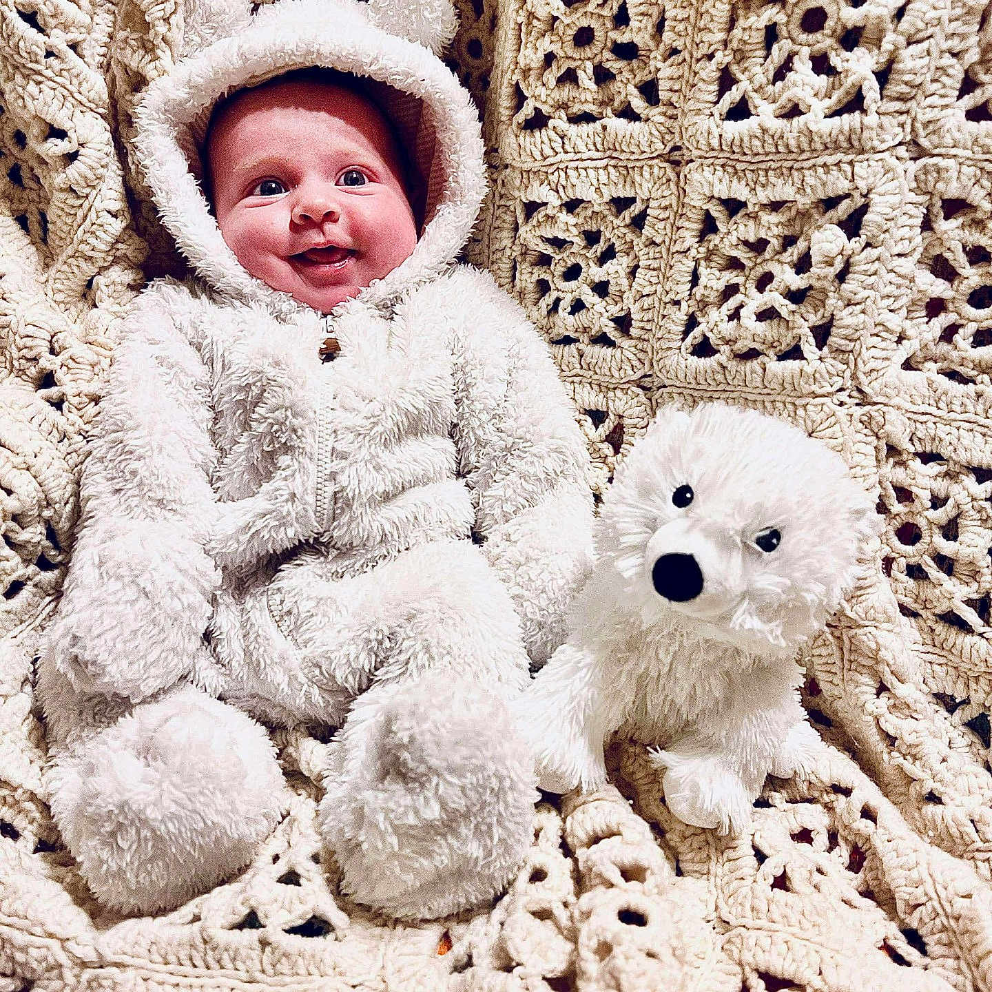 Guinavere joined the competition — help win amazing prizes! animal, baby, blanket, bonnet, canine, cap, clothing, face, happy, hat, head, newborn, person, photography, portrait, quilt, sleeping, smile, teddybear, toy