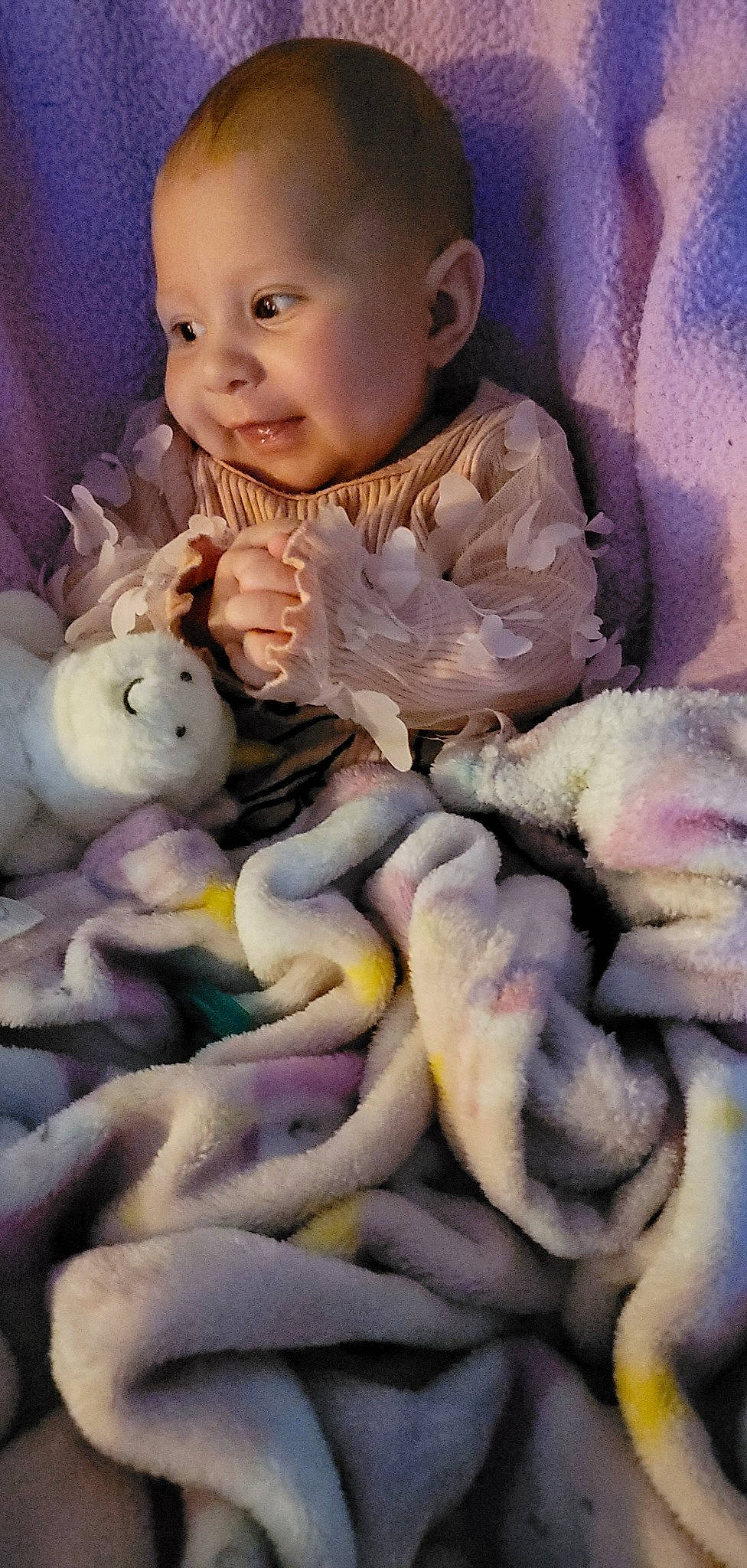 Gwen joined the competition — help win amazing prizes! baby, baby_products, baby_toddler_clothing, cheek, child, comfort, face, happy, linens, person, photograph, pink, purple, skin, smile, snapshot, teddy_bear, toddler, toy, white