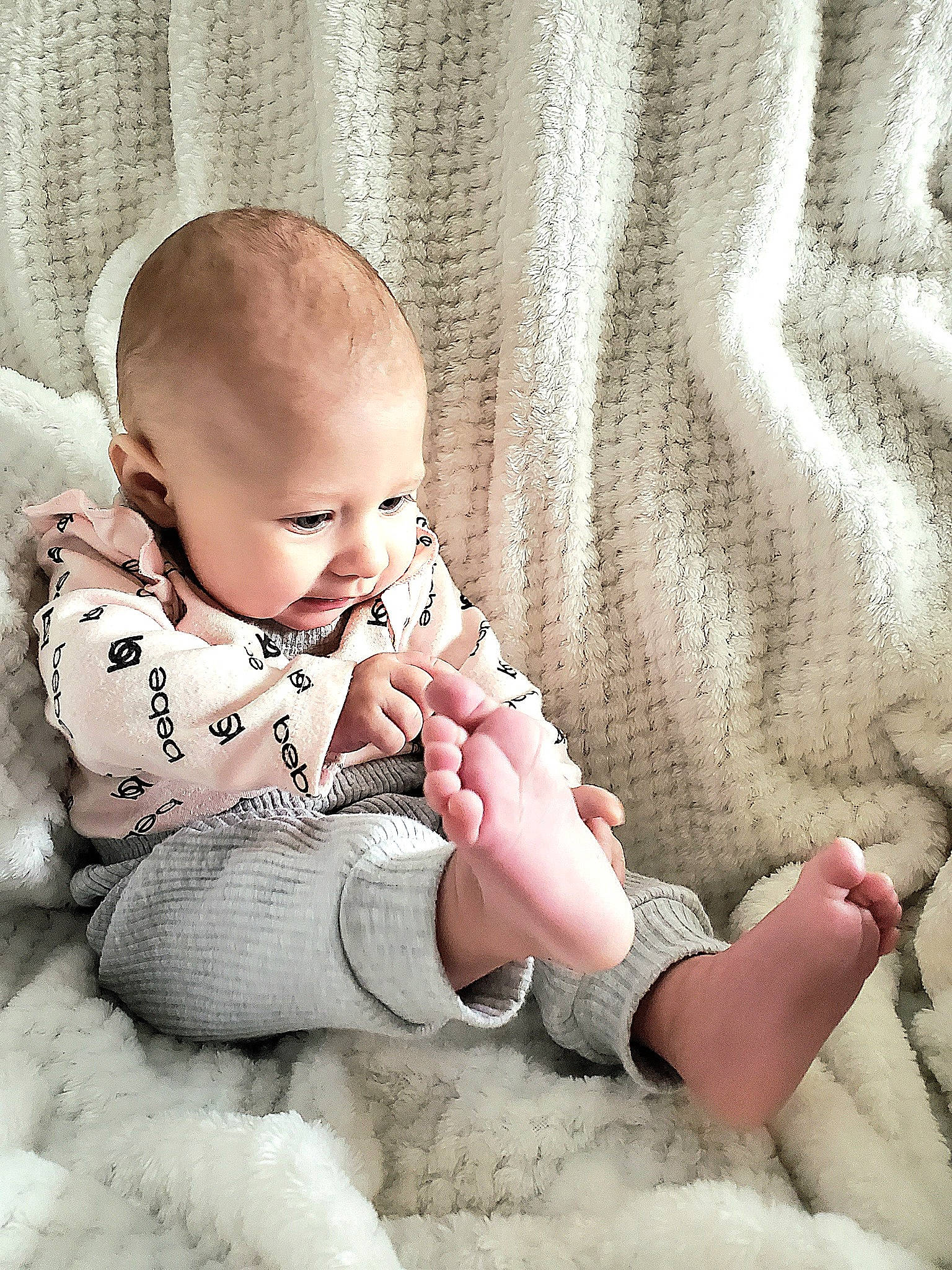 Gwen joined the competition — help win amazing prizes! arm, baby, baby_toddler_clothing, barefoot, comfort, eye, face, finger, flash_photography, gesture, hand, happy, head, human_body, leg, linens, person, skin, sleeve, textile