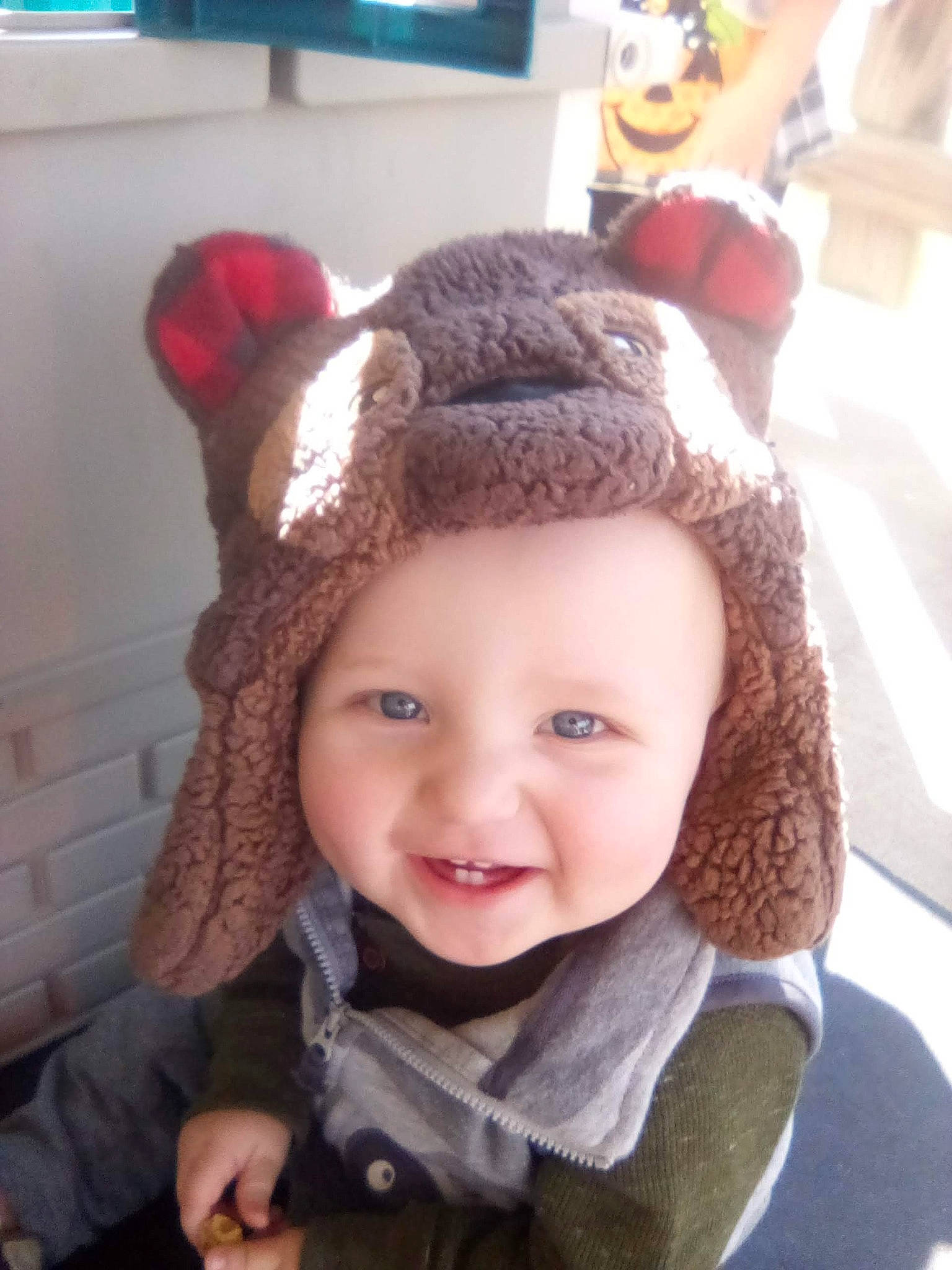 Brantley joined the competition — help win amazing prizes! baby, baby_toddler_clothing, beanie, cap, cheek, child, costume_hat, ear, fashion_accessory, fur, happy, hat, headwear, human_body, joy, knit_cap, lip, nose, outerwear, person
