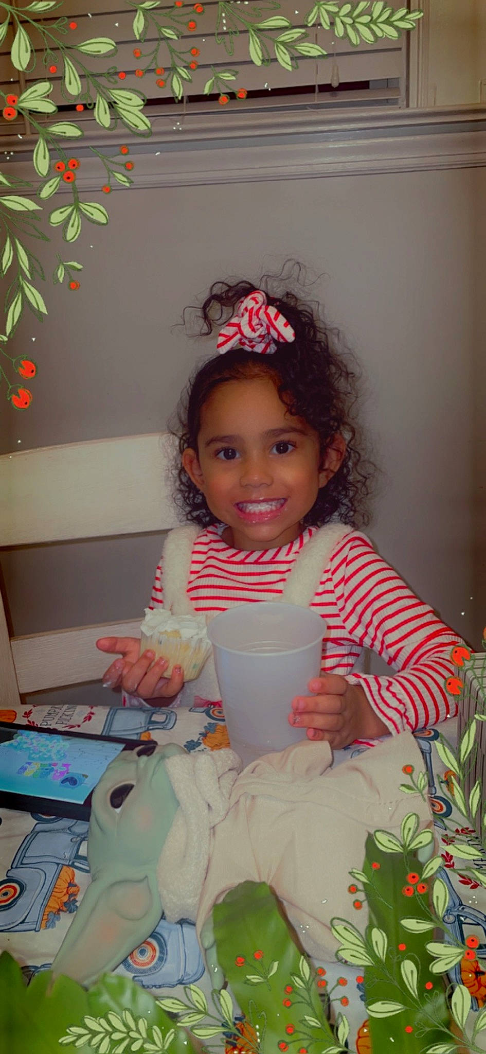 Jalee is registered to the contest to win money with this photo: arm, baby_toddler_clothing, child, cup, desk, dress, drink, drinkware, face, fashion_accessory, happy, headpiece, joy, person, pink, plant, smile, soft_drink, sweetness, t_shirt