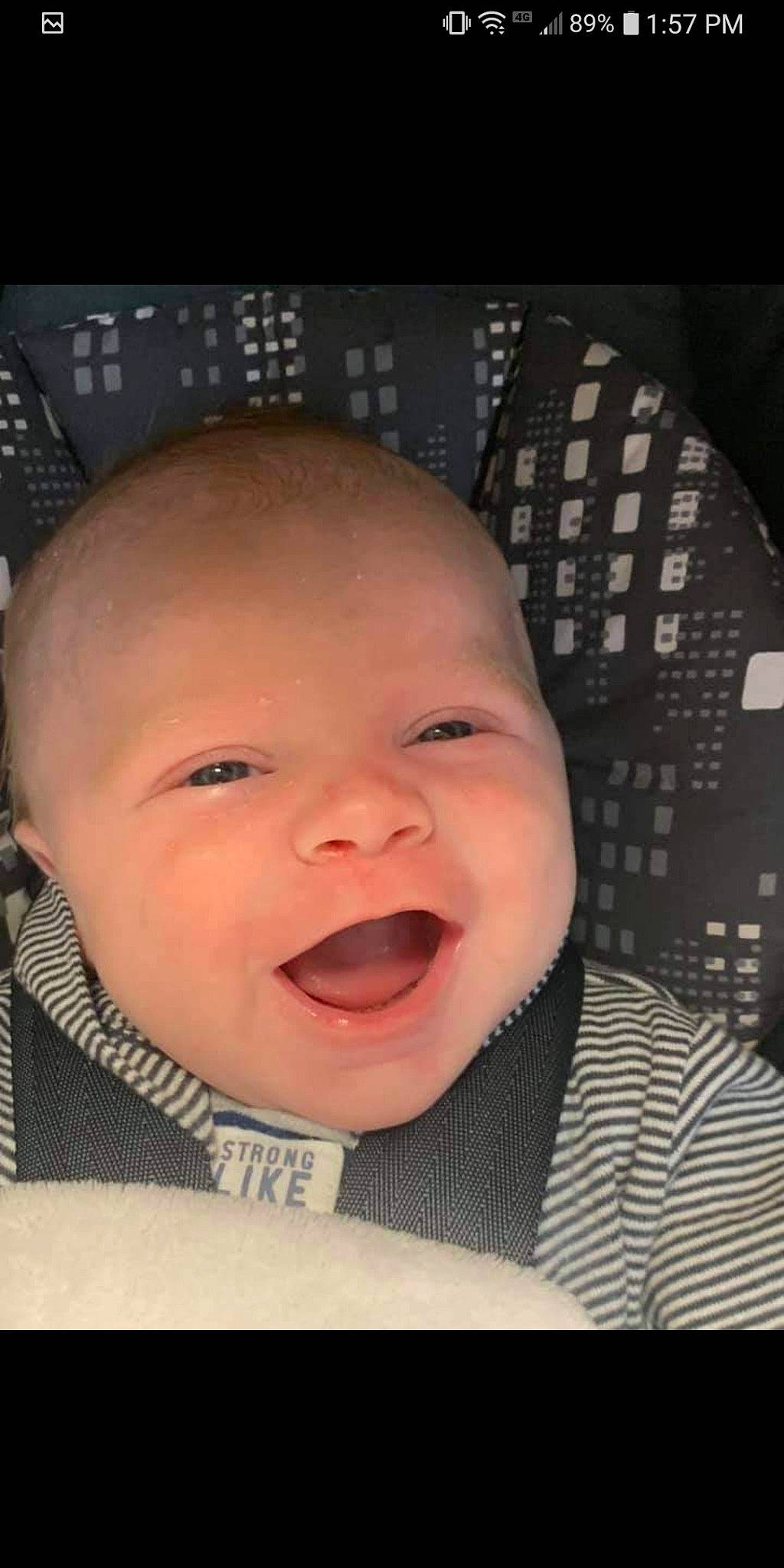 Dax is registered to the contest to win money with this photo: baby, baby_laughing, baby_toddler_clothing, cheek, chin, comfort, cool, eyebrow, eyelash, finger, happy, iris, lip, mouth, nose, person, skin, smile, toddler, tongue