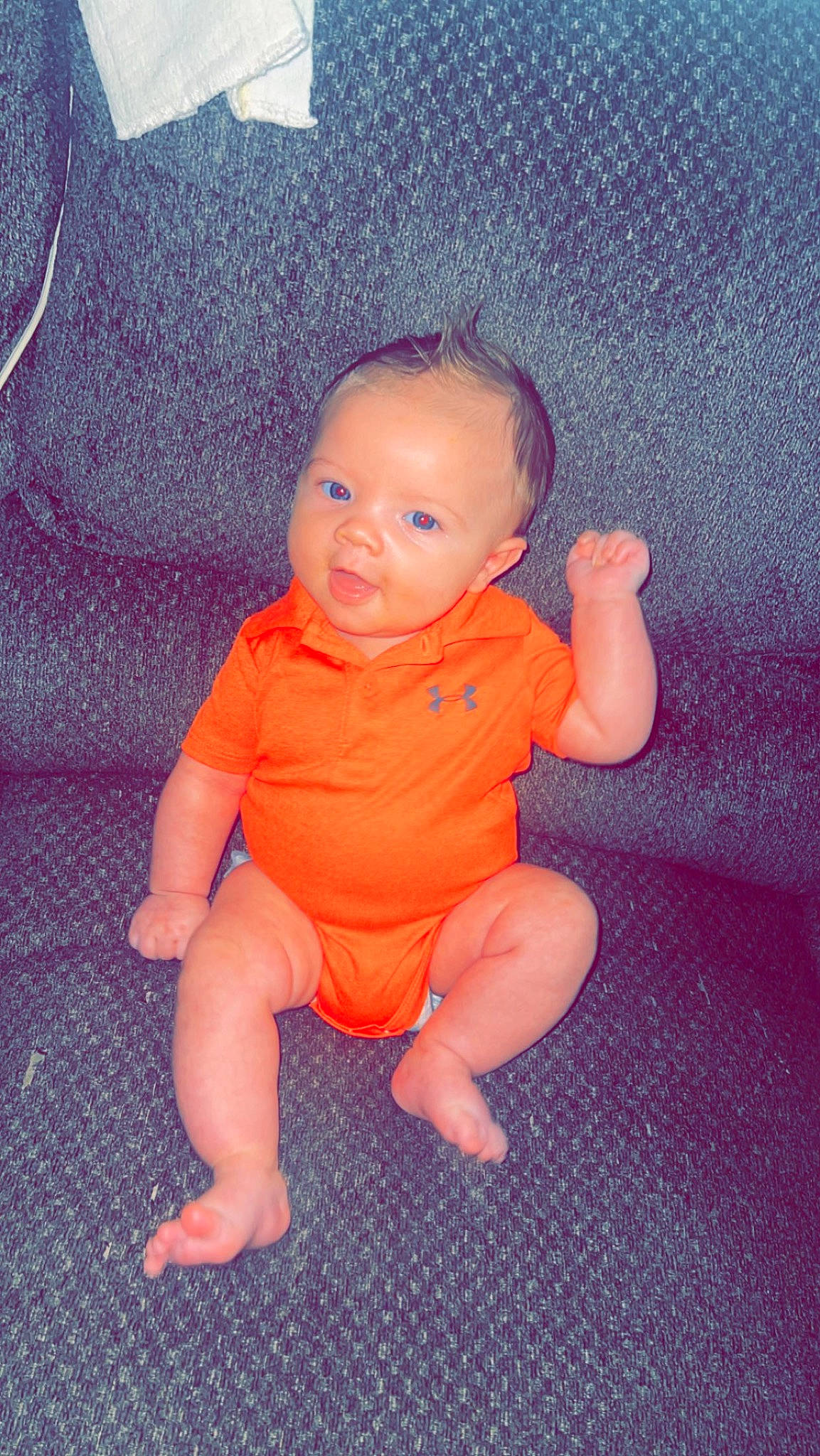 Kashton is registered to the contest to win money with this photo: baby, baby_toddler_clothing, barefoot, cheek, comfort, eye, finger, flooring, foot, happy, head, human_leg, iris, nose, person, skin, sleeve, smile, thumb, toddler