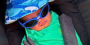 Thomas is registered to the contest to win money with this photo: baby, child, sunglasses, hat, car_seat, seat_belt, sunhat, blue, green, yellow, clothing, infant, young_child, cute, outdoor, sun_protection, casual, relaxed, portrait, person