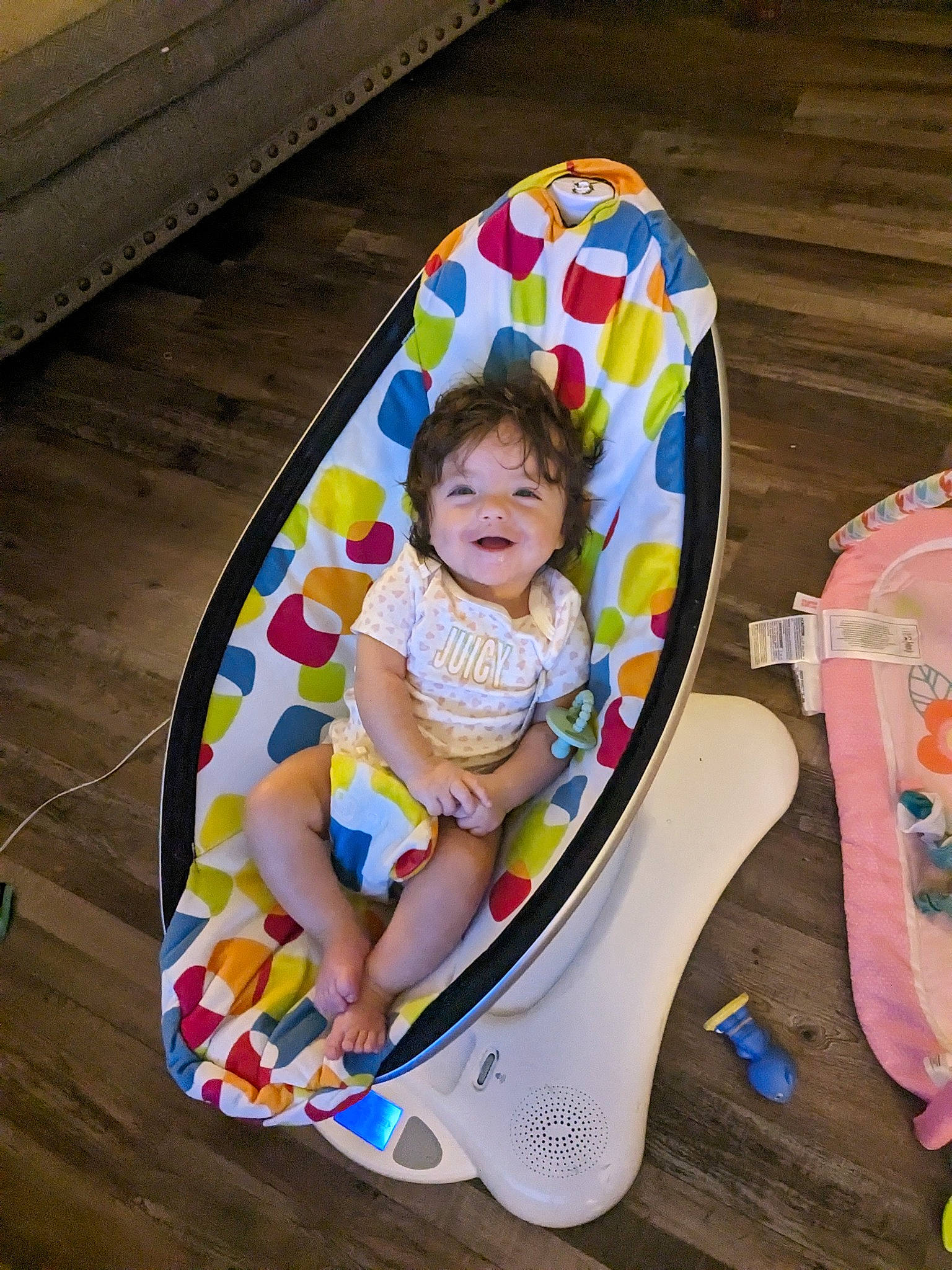 Isla joined the competition — help win amazing prizes! baby, baby_products, baby_toddler_clothing, chair, child, circle, comfort, face, fun, happy, joy, leisure, pattern, person, pink, recreation, shorts, sitting, smile, thigh