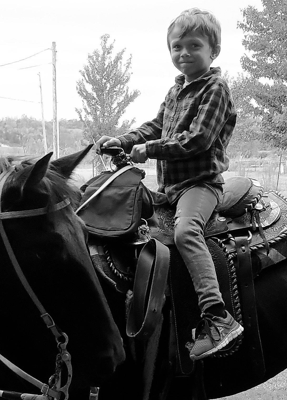 Landon joined the competition — help win amazing prizes! automotive_tire, black, black_and_white, bridle, horse, horse_supplies, horse_tack, jacket, mammal, mode_of_transport, monochrome, motor_vehicle, person, recreation, sky, smile, style, tree, vehicle, vertebrate