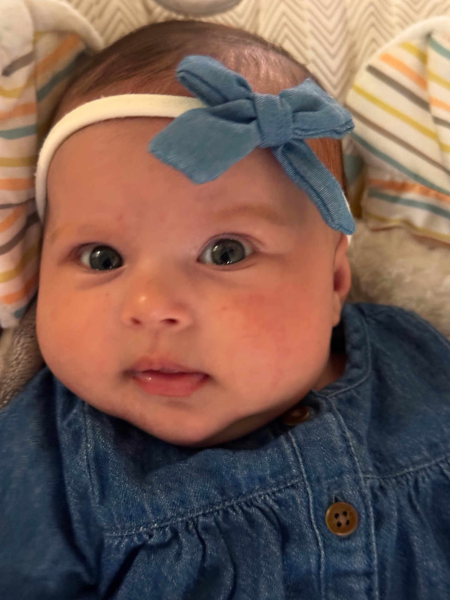Maria Luisa joined the competition — help win amazing prizes! baby, infant, face, headband, bow, denim, clothing, closeup, portrait, cute, child, newborn, soft, blanket, apparel, person, indoors, young, adorable, expression