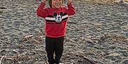 Ollie joined the competition — help win amazing prizes! beach, casual_clothing, child, driftwood, footwear, fun, happy, nature, ocean, outdoor, peace_sign, person, rock, sand, scenic, shore, smile, sunset, twilight, water