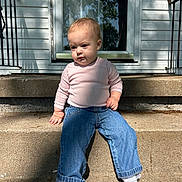 Blake joined the competition — help win amazing prizes! toddler, child, baby, steps, concrete, door, clothing, jeans, socks, sitting, outdoor, sunlight, shadow, person, casual, portrait, expression, young, daylight, frontyard