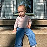 toddler, child, baby, steps, concrete, door, clothing, jeans, socks, sitting, outdoor, sunlight, shadow, person, casual, portrait, expression, young, daylight, frontyard