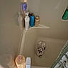 Billy is registered to the contest to win money with this photo: cat, bathtub, bathroom, bottle, brush, cleaning, container, ceramic, pet, curious, looking_up, indoor, animal, white_cat, small, corner, floor, toiletries, reflection, shower_curtain