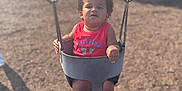 Silas joined the competition — help win amazing prizes! toddler, child, swing, playground, outdoor, curly_hair, red_shirt, sneakers, baby_swing, daylight, park, trees, blurred_background, summer, casual_clothing, expression, seat, play, person, young_child