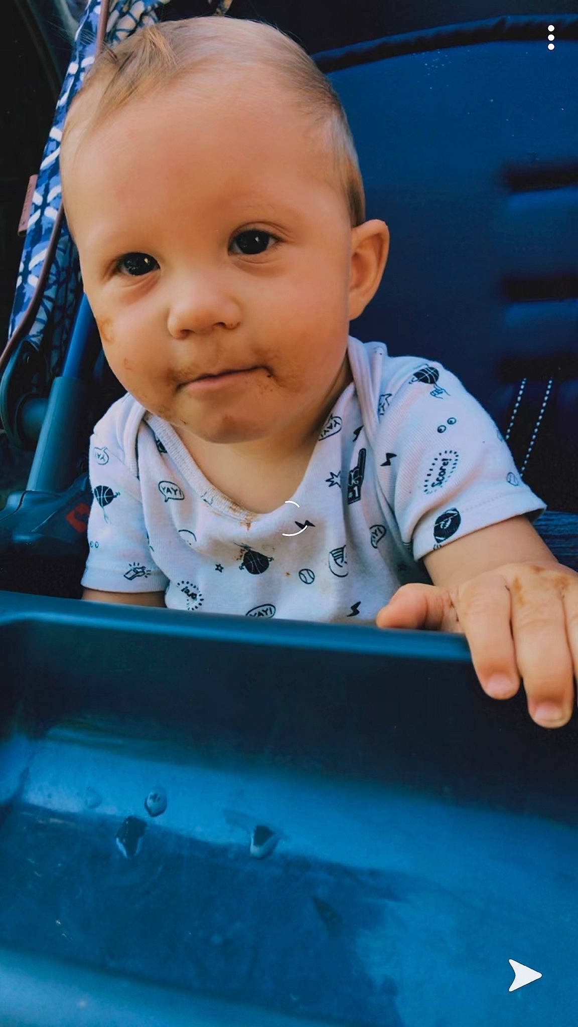 Greysen is registered to the contest to win money with this photo: baby, blue, cheek, child, chin, eye, face, facial_expression, finger, forehead, fun, head, nose, person, play, sitting, skin, smile, toddler, vacation