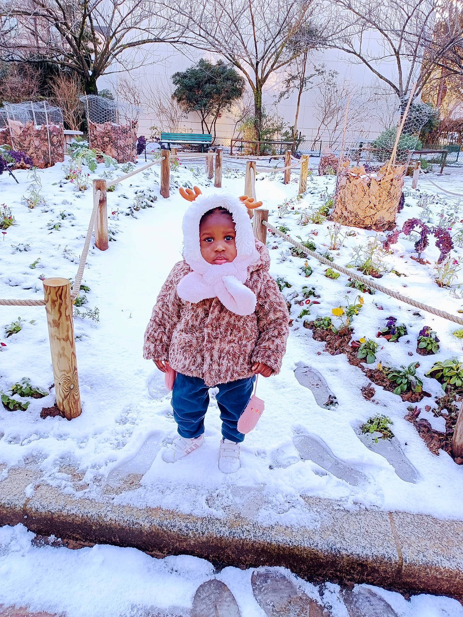 Fatoumata participe au concours pour gagner de l'argent avec cette photo : baby, baby_toddler_clothing, event, freezing, frost, fun, garden, grass, happy, head, leisure, people_in_nature, person, plant, playing_with_kids, precipitation, sky, snow, toddler, tree
