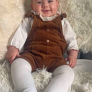 Victoria a rejoint le concours — aidez-le/la à gagner de superbes lots ! baby, infant, smiling, corduroy, overalls, white_tights, fluffy_rug, cozy, cute, child, portrait, indoor, happy, sitting, soft_texture, clothing, person, baby_girl, warm, relaxed