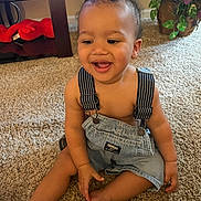 Zayden joined the competition — help win amazing prizes! baby, child, toddler, denim, overalls, carpet, smile, happy, indoor, plant, toy, person, cute, sitting, skin, face, hair, clothing, foot, hand