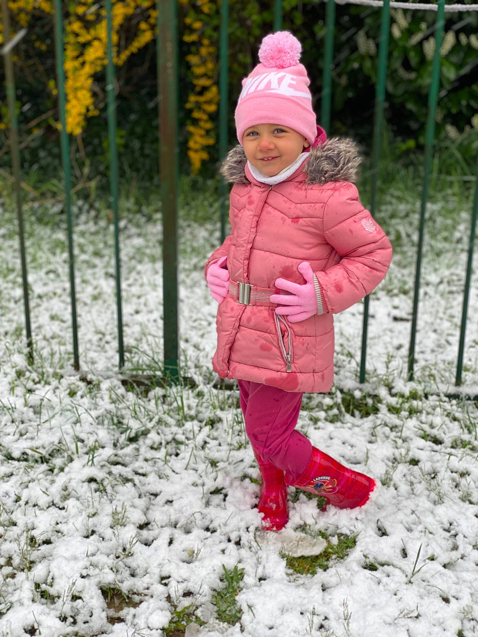 Génésis participe au concours pour gagner de l'argent avec cette photo : baby, baby_toddler_clothing, cap, child, fence, freezing, grass, happy, headwear, jacket, joy, leaf, people_in_nature, person, plant, recreation, sleeve, smile, snow, toddler