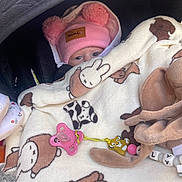 Alya participe au concours pour gagner de l'argent avec cette photo : accessory, animal_print, baby, baby_clothing, blanket, child, comfort, cozy, cute, eyes, face, infant, pacifier, pink_hat, pom_poms, soft_toy, stroller, toy, warm, wrapped