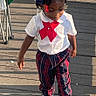 blue, bow, child, collar, deck, fashion, girl, hair_bows, outdoor, outfit, plaid, portrait, red, shirt, shoes, standing, sunlight, toddler, trousers, wooden_floor