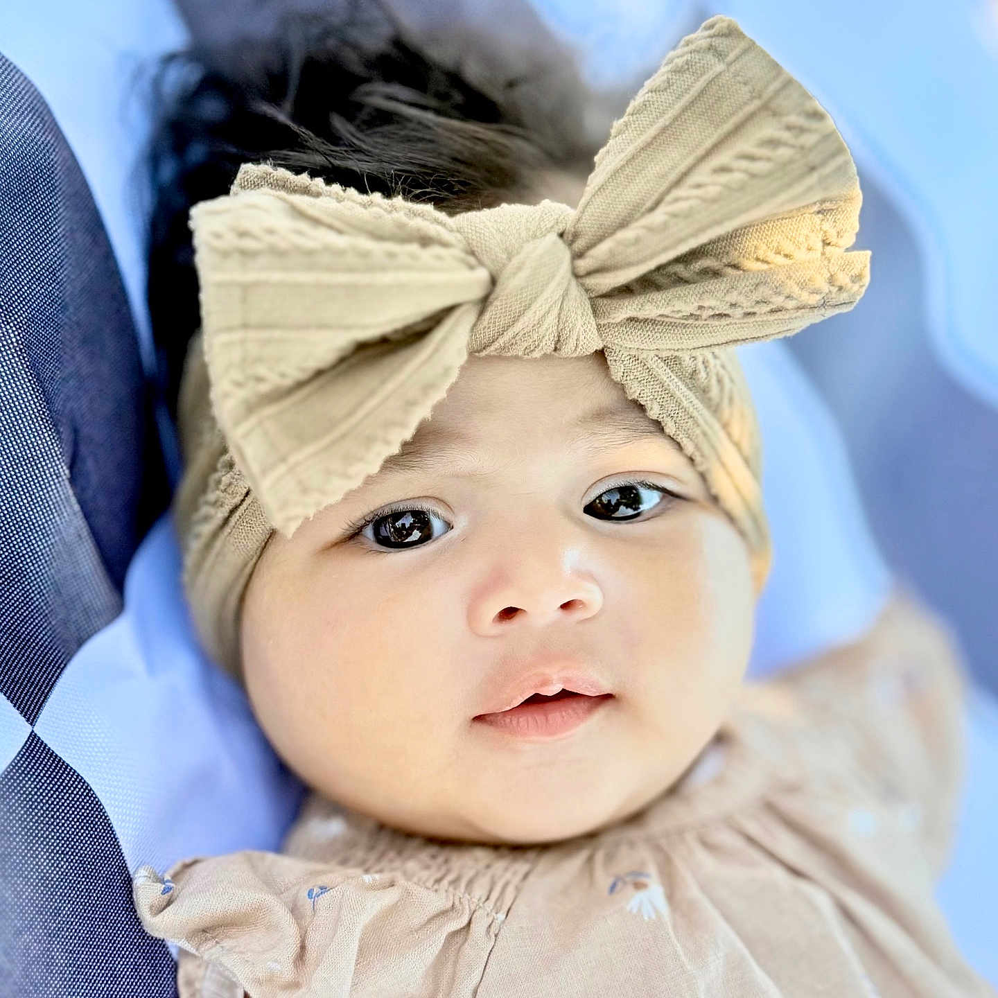 Raveena is registered to the contest to win money with this photo: baby, bow, child, closeup, clothing, comfortable, cute, dress, eyes, fabric, face, headband, indoor, infant, portrait, resting, skin, smile, soft, young