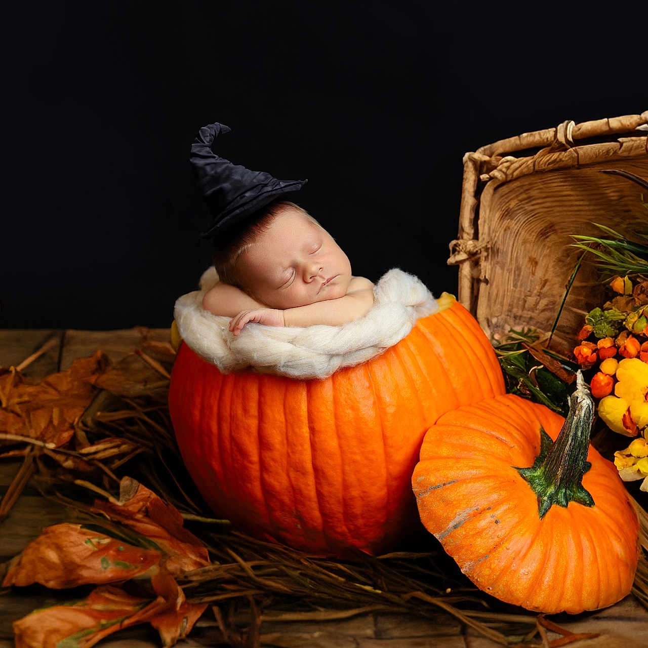 Leo is registered to the contest to win money with this photo: baby, clothing, countryside, face, farm, flower, flowerarrangement, flowerbouquet, food, glove, hat, head, leaf, newborn, person, plant, produce, pumpkin, squash, vegetable