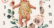 Josephine is registered to the contest to win money with this photo: baby, infant, smiling, floral_outfit, headband, milestone_blanket, numbers, months, flowers, pink_hexagon, lying_down, happy, cute, child, portrait, skin, arms, legs, head, baby_photography