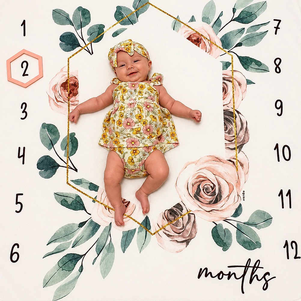 Josephine is registered to the contest to win money with this photo: baby, infant, smiling, floral_outfit, headband, milestone_blanket, numbers, months, flowers, pink_hexagon, lying_down, happy, cute, child, portrait, skin, arms, legs, head, baby_photography
