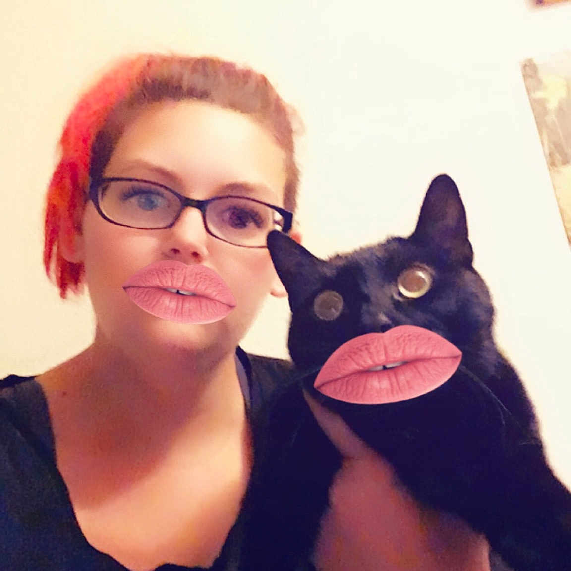 Gizmo is registered to the contest to win money with this photo: black_hair, brown_hair, cat, cool, ear, eyewear, fur, girl, glasses, hair_accessory, headgear, neck, person, product, selfie, smile, sunglasses, textile, vision_care