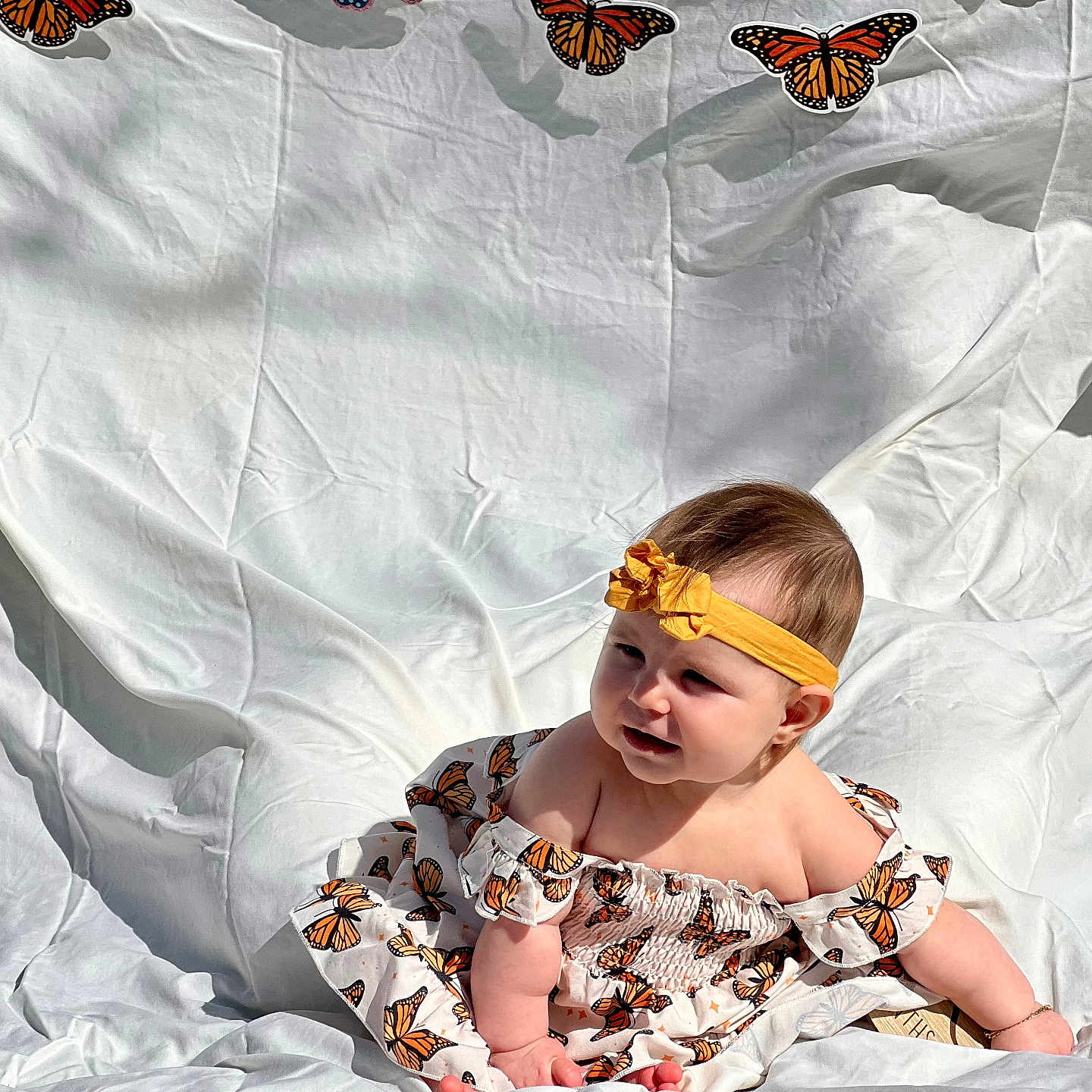 Tavi is registered to the contest to win money with this photo: accessories, animal, baby, bed, blanket, butterfly, face, flower, furniture, happy, head, insect, invertebrate, monarch, person, petal, photography, portrait, quilt, smile