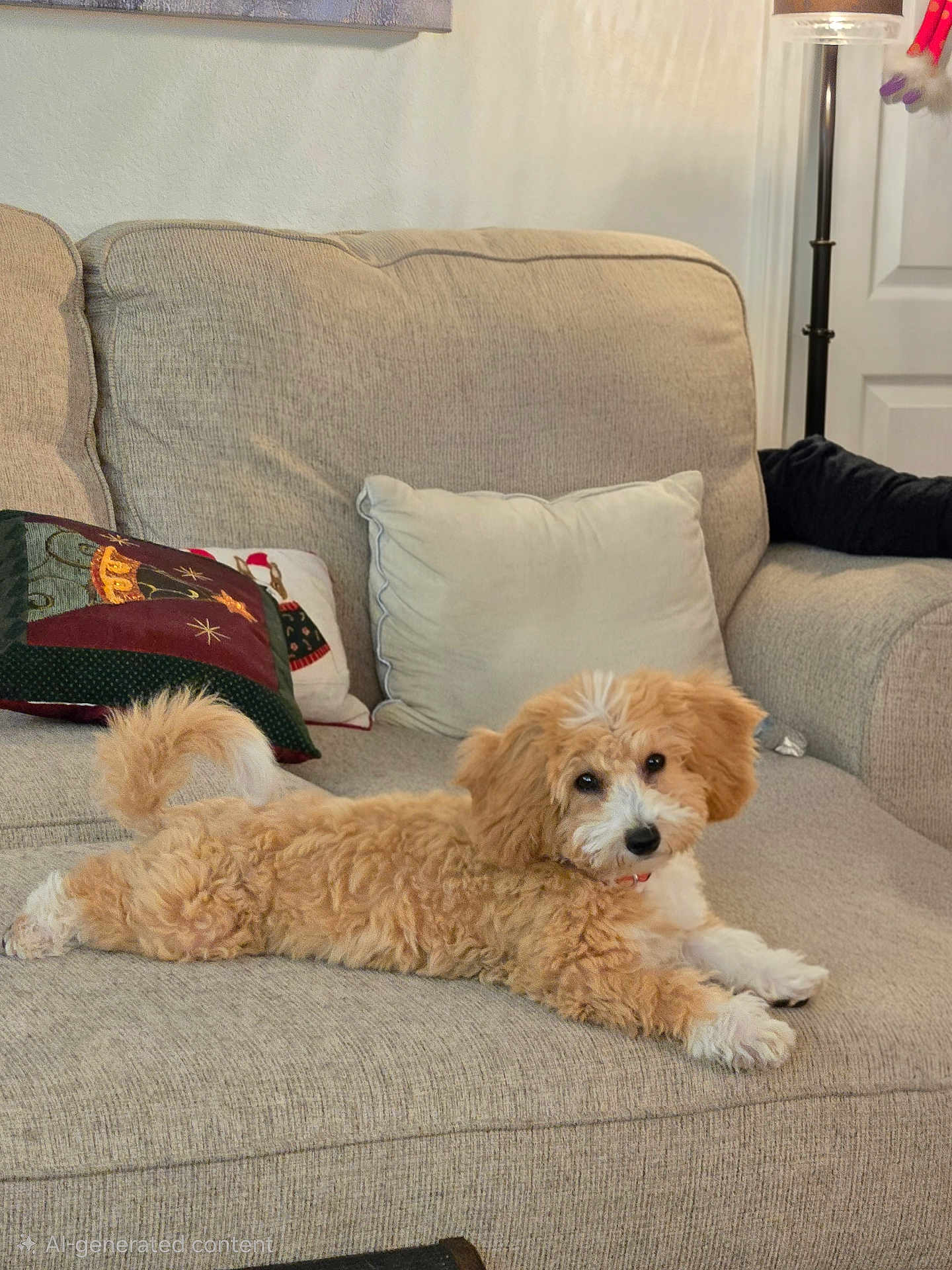 Millie is registered to the contest to win money with this photo: dog, couch, beige, pillow, lamp, indoor, pet, fluffy, curly_hair, relaxed, living_room, furniture, cute, canine, laying_down, home, domestic_animal, cozy, resting, animal