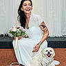 bride, wedding, dog, bouquet, dress, smiling, pet, white, happy, celebration, indoor, portrait, animal, decor, accessories, lace, pearl, tattoo, kneeling, event