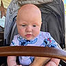 baby, infant, child, stroller, portrait, face, sitting, looking_at_camera, curious, cartoon_clothing, onesie, safety_bar, outdoor, wooden_background, sunlight, close_up, hands, eyes, cheeks, family_photo