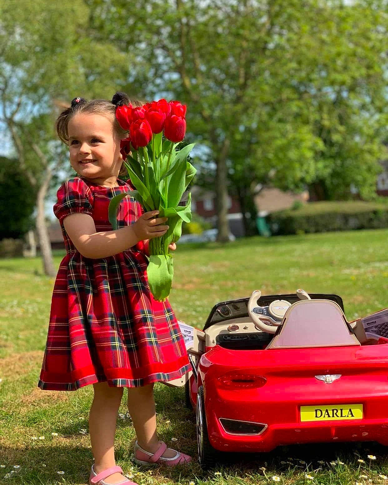 Darla is registered to the contest to win money with this photo: automotive_design, car, child, child_model, coquelicot, design, flower, grass, joy, luxury_vehicle, person, photography, plaid, plant, red, smile, sports_car, spring, summer, supercar