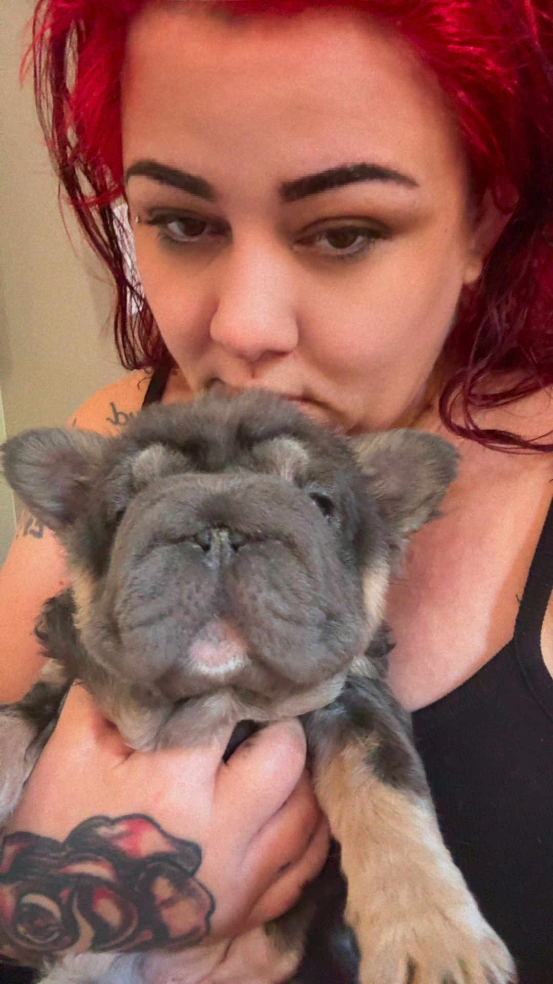 Wolf Girl joined the competition — help win amazing prizes! affection, animal, black_clothing, close_up, cute, dog, expression, face, fur, hand, holding, indoor, person, pet, portrait, puppy, red_hair, skin, tattoo, young_dog