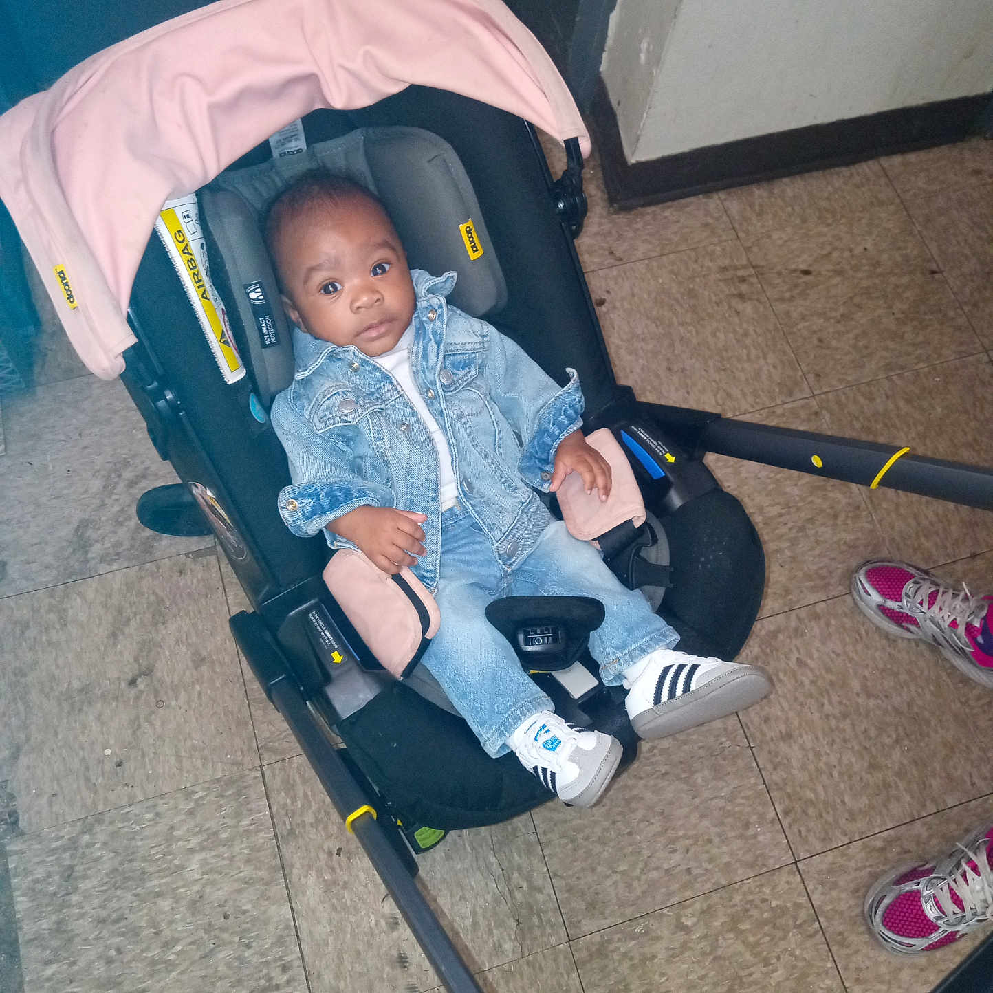 Ayori joined the competition — help win amazing prizes! baby, denim_jacket, baby_carrier, pink_canopy, indoor, floor_tiles, sneakers, child, casual, curious, seated, footwear, jeans, person, infant, portrait, clothing, cute, looking_at_camera, hand