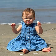 Zoe is registered to the contest to win money with this photo: toddler, child, beach, sand, shell, blue_dress, barefoot, ocean, waves, sunny, smiling, sitting, outdoor, cute, happy, portrait, summer, nature, water, playful