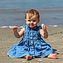 toddler, child, beach, sand, shell, blue_dress, barefoot, ocean, waves, sunny, smiling, sitting, outdoor, cute, happy, portrait, summer, nature, water, playful
