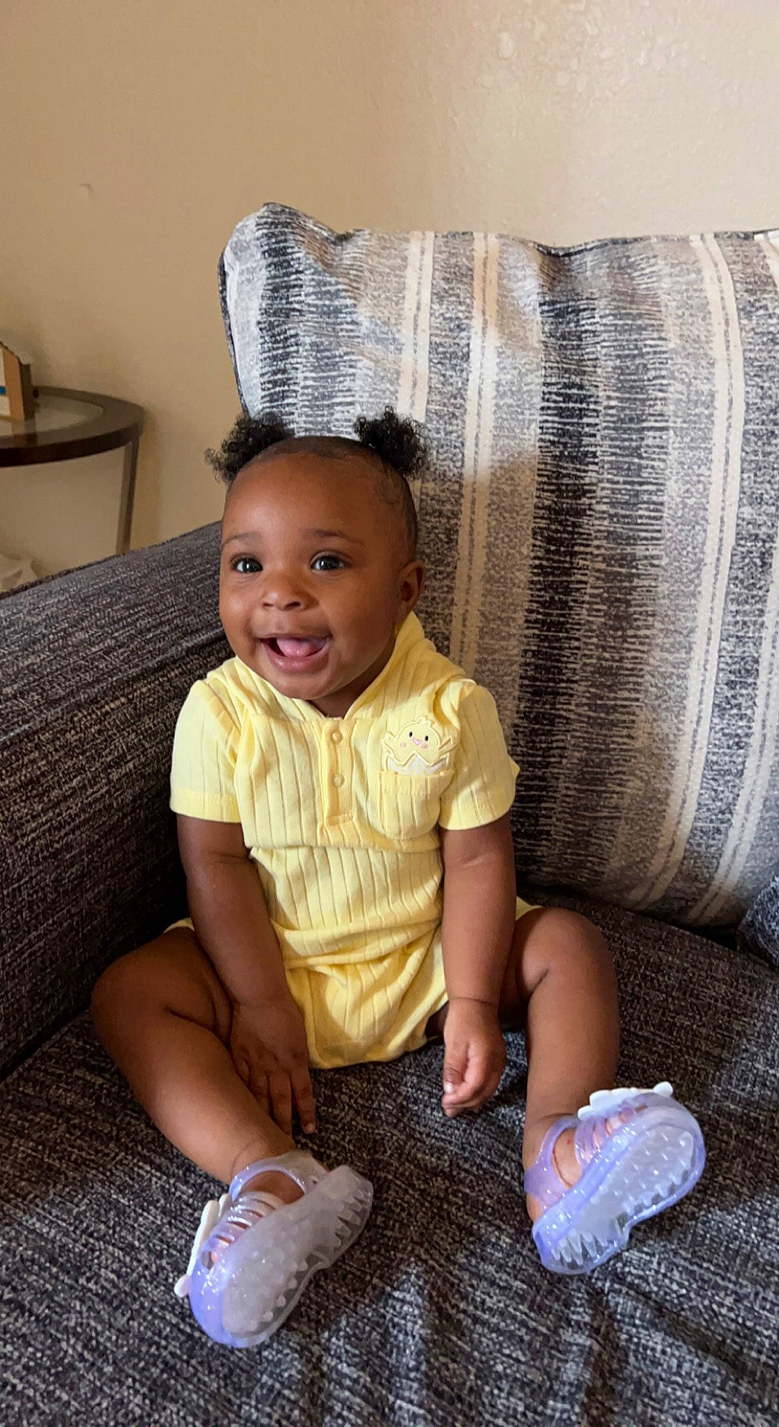 Dysia joined the competition — help win amazing prizes! baby, baby_toddler_clothing, child, comfort, couch, fashion_accessory, flooring, foot, fun, hairstyle, happy, head, human_leg, joy, person, room, sitting, smile, sock, thigh