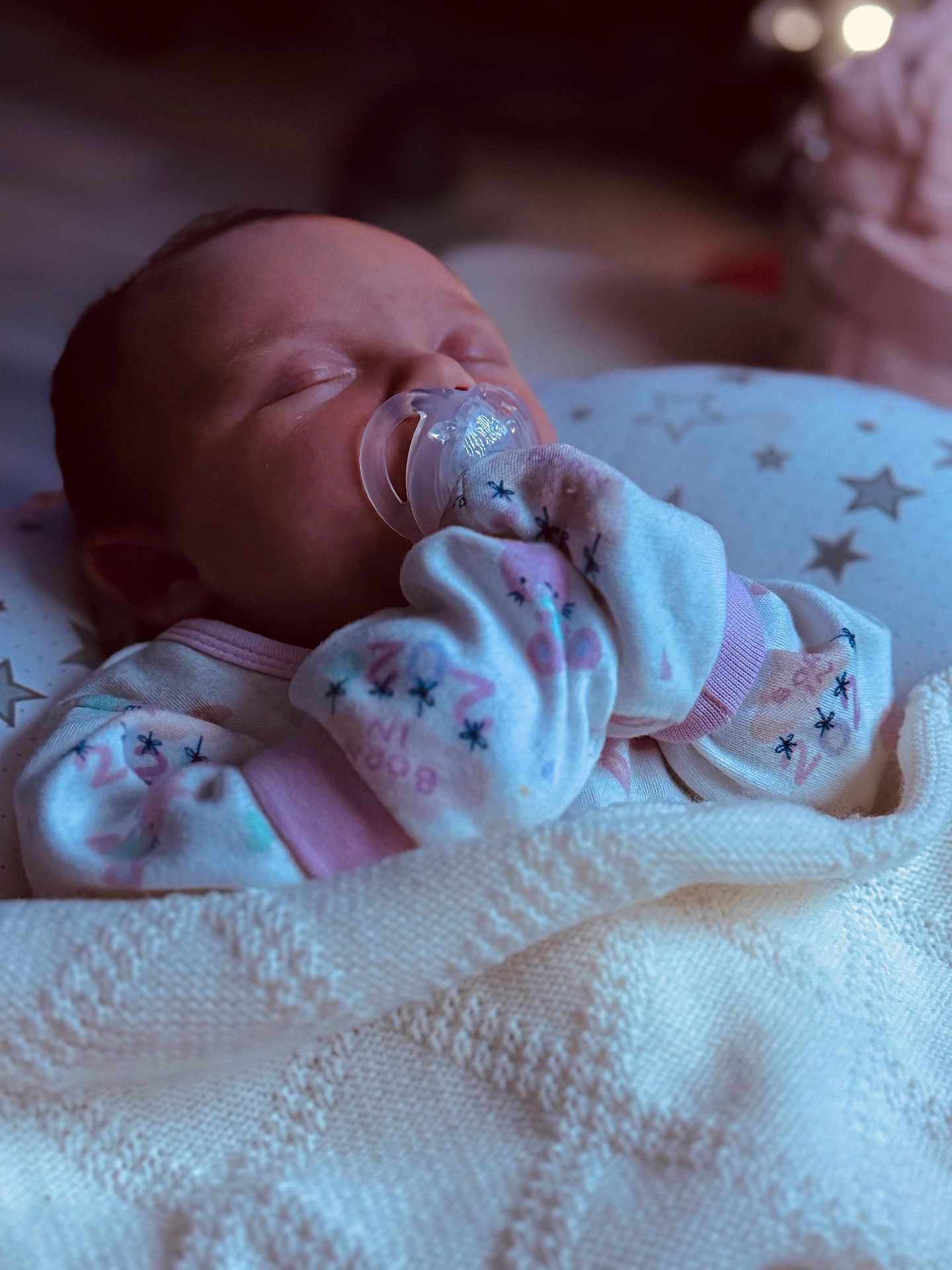 Freya joined the competition — help win amazing prizes! baby, pacifier, sleeping, pajamas, blanket, infant, cozy, face, child, cute, resting, soft, warm_light, indoor, newborn, portrait, comfort, peaceful, closeup, toddler