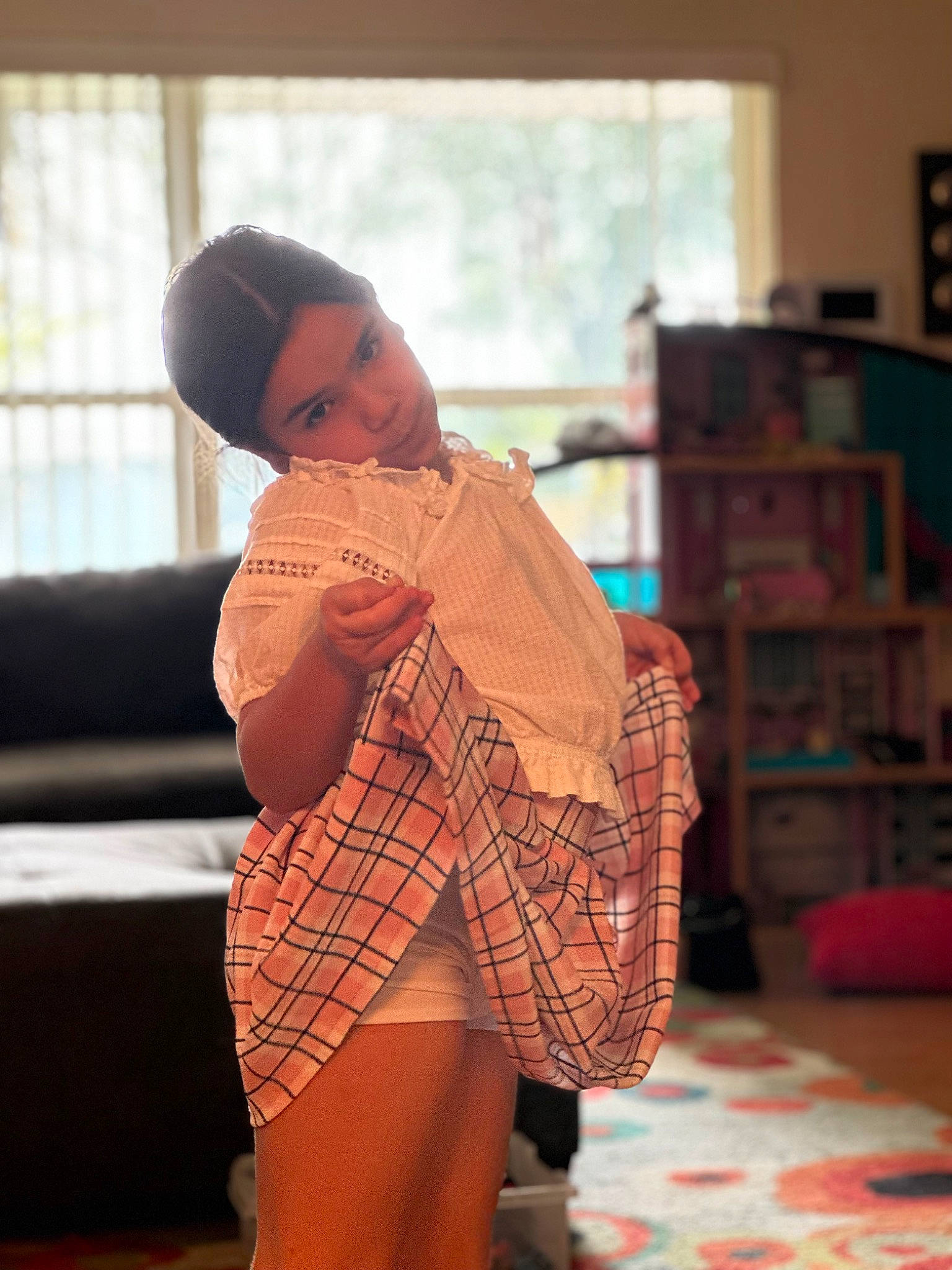 Anastasia Goniashvili is registered to the contest to win money with this photo: abdomen, barechested, chest, eyewear, fashion_design, flooring, fun, human_leg, knee, necklace, person, plaid, publication, shelf, shoulder, tartan, textile, thigh, trunk, waist