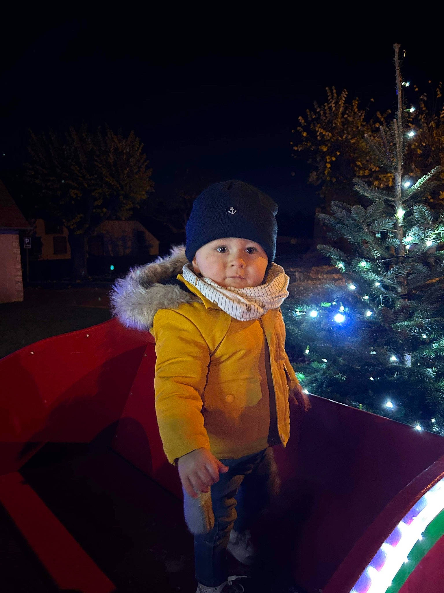 Ayrton participe au concours pour gagner de l'argent avec cette photo : cap, christmas_eve, christmas_ornament, christmas_tree, costume_hat, darkness, electric_blue, event, fun, happy, hat, headwear, holiday, leisure, light, midnight, ornament, person, plant, toddler