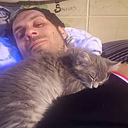 Mini is registered to the contest to win money with this photo: man, cat, sleeping_cat, indoor, relaxing, portrait, closeup, furry, resting, human, pet, cute, animal, cozy, casual, face, black_shirt, blanket, home, napping