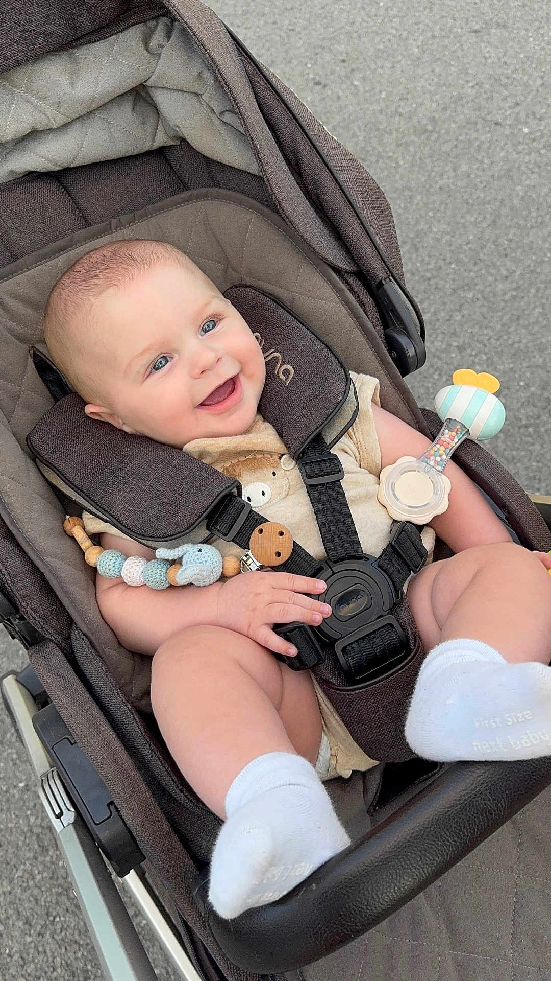 Hudson joined the competition — help win amazing prizes! baby, stroller, smiling, infant, toy, rattle, blue_eyes, seatbelt, clothing, sock, cute, child, outside, happy, face, hand, foot, comfort, quilted, person