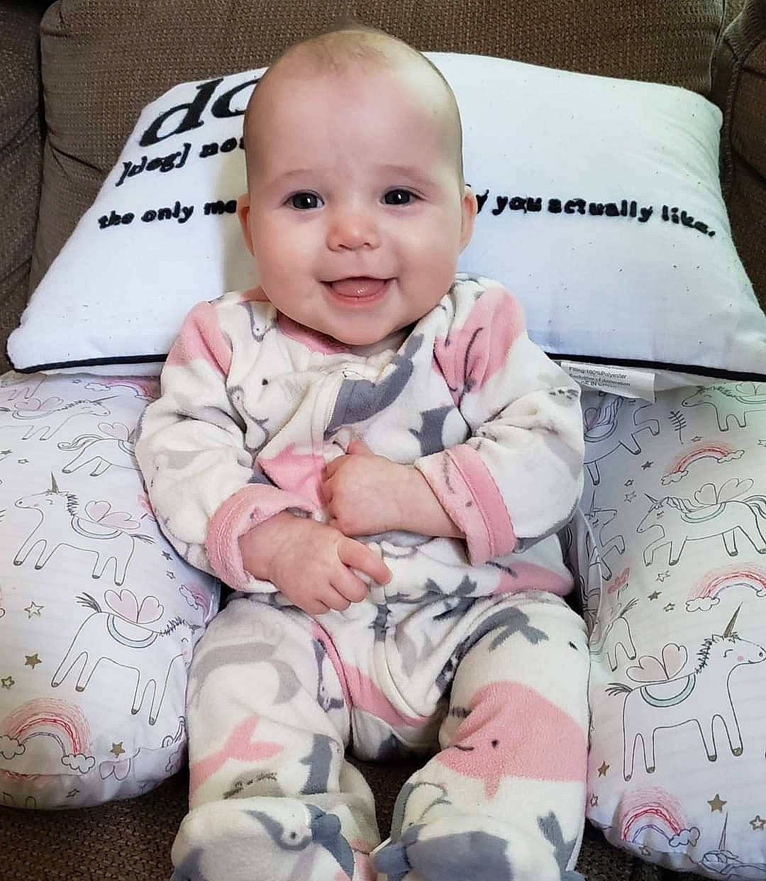 Alexandria joined the competition — help win amazing prizes! baby, baby_toddler_clothing, cheek, child, comfort, cool, eye, hairstyle, happy, head, joy, linens, pattern, person, pillow, pink, skin, sleeve, smile, t_shirt