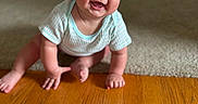 Isabella joined the competition — help win amazing prizes! baby, crawling, smiling, happy, indoor, carpet, wooden_floor, moawk, child, cute, infant, person, blue_shirt, short_sleeves, plush, flooring, skin, bright_eyes, cheerful, young
