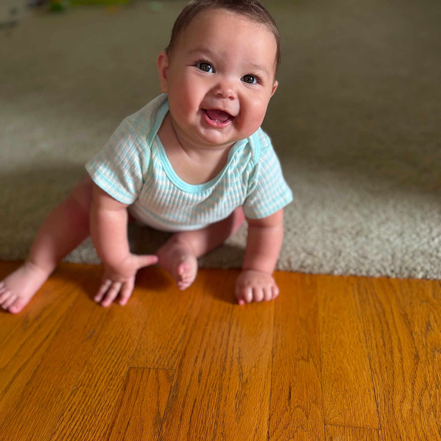 Isabella joined the competition — help win amazing prizes! baby, crawling, smiling, happy, indoor, carpet, wooden_floor, moawk, child, cute, infant, person, blue_shirt, short_sleeves, plush, flooring, skin, bright_eyes, cheerful, young